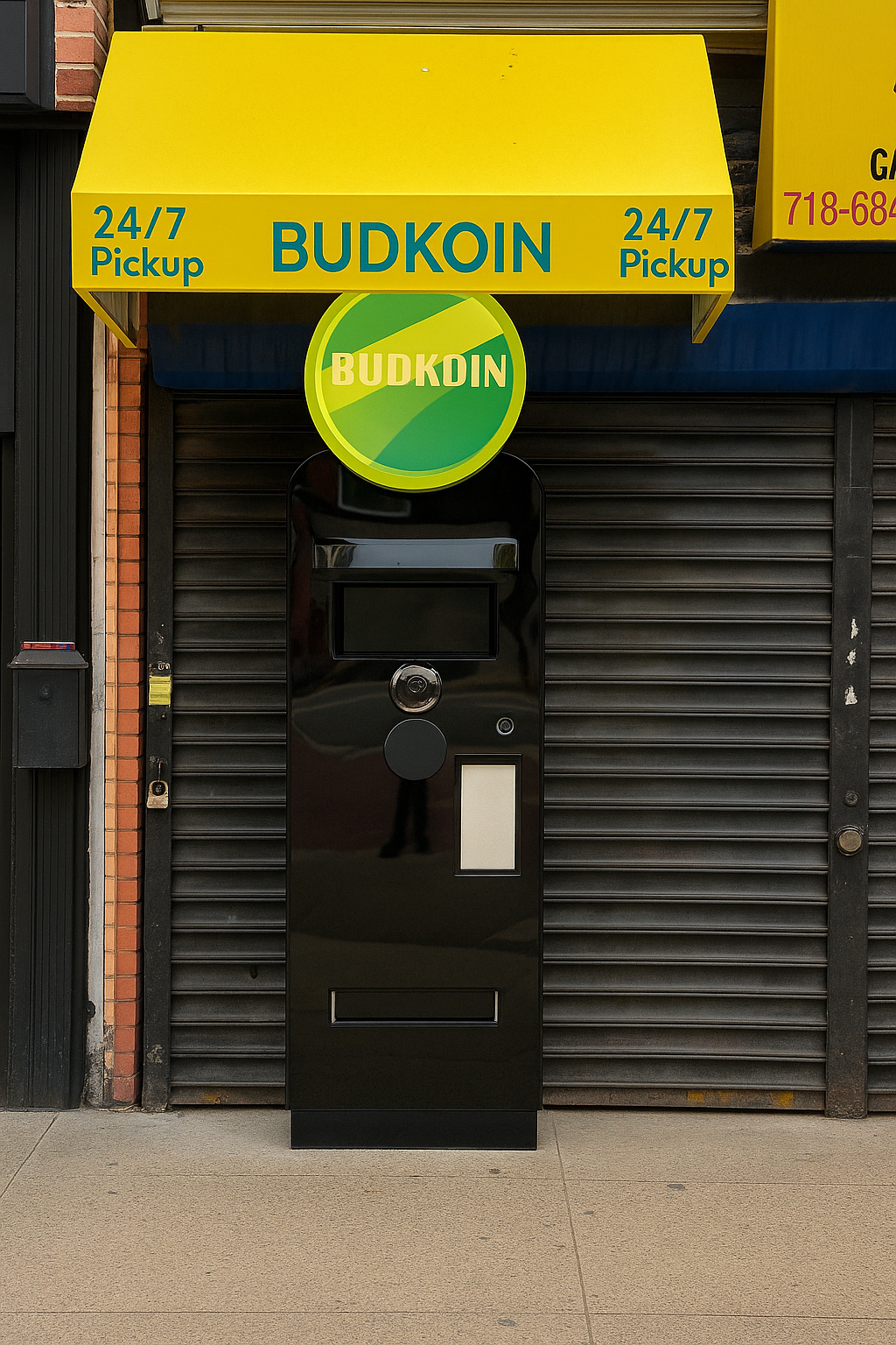 BudKoin kiosk under 24/7 Pickup awning